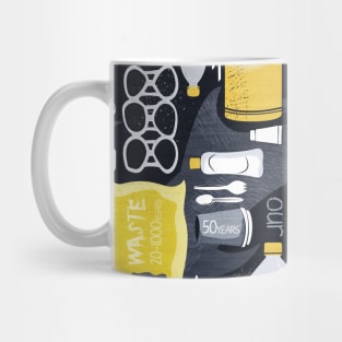 Our plastic planet // print // black background grey endangered animal species with yellow white and transparent plastic waste Mug